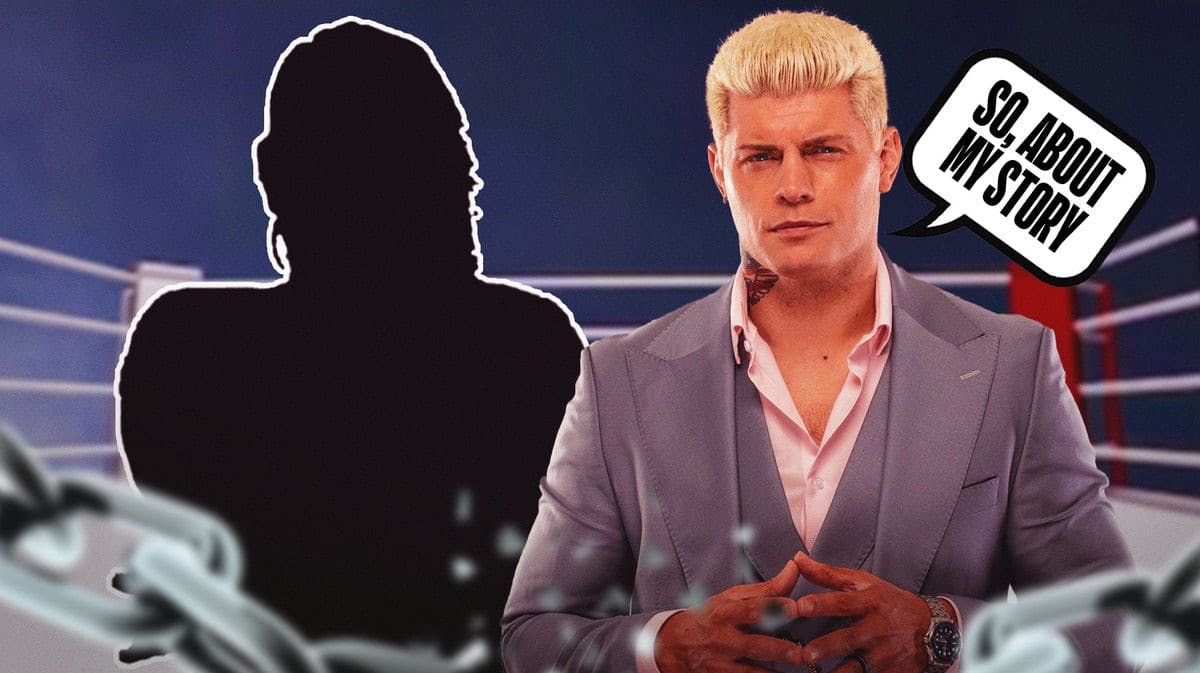 Cody Rhodes with a text bubble reading “So, about my story” next to the blacked-out silhouette of Shinsuke Nakamura with the RAW logo as the background.