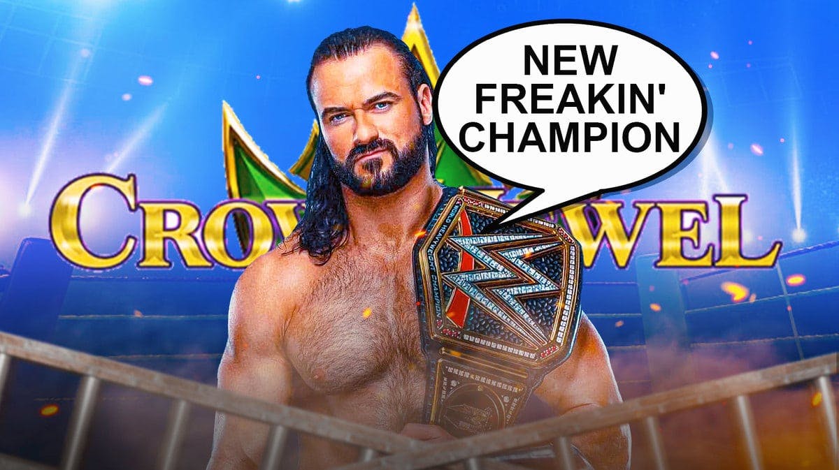 Drew McIntyre holding the WWE Championship with a text bubble reading “New Freakin' Champion” with the WWE Crown Jewel logo as the background.