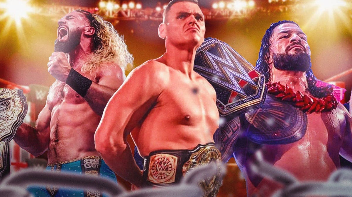 Gunther wearing the International Championship with Seth Rollins holding the WWE World Heavyweight Championship on his left and Roman Reigns with the WWE Championship on his right with the WWE logo as the background.