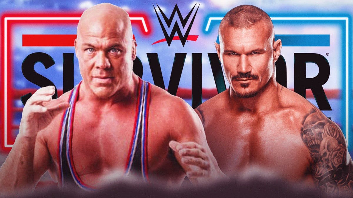 Kurt Angle next to Randy Orton with the 2023 Survivor Series logo as the background.