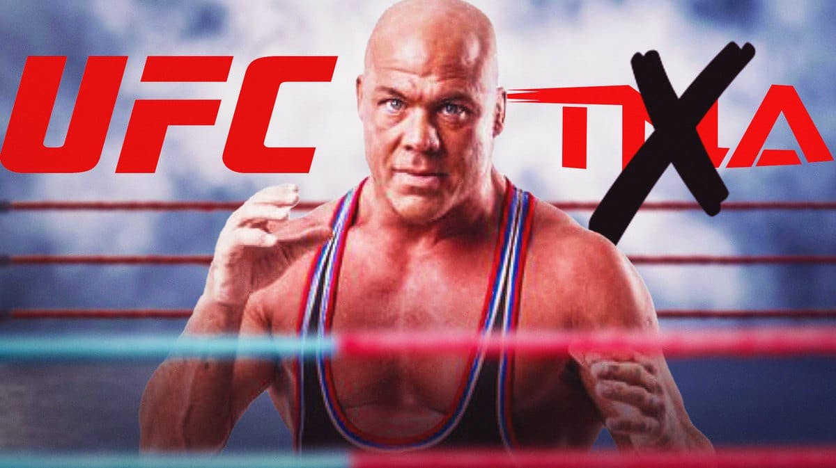Kurt Angle with the UFC logo on his left and a crossed out TNA logo on his right.
