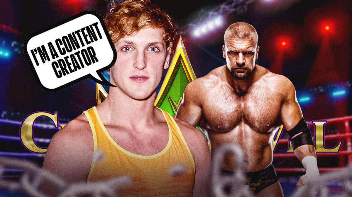 Logan Paul with a text bubble reading “I’m a content creator” next to Triple H with the WWE Crown Jewel logo as the background.