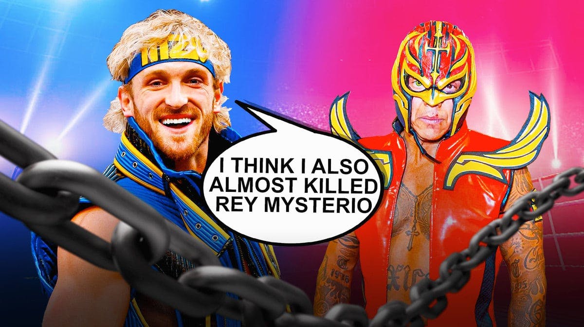 Logan Paul with a text bubble reading “I think I also almost killed Rey Mysterio” next to Rey Mysterio with the Crown Jewel logo as the background.