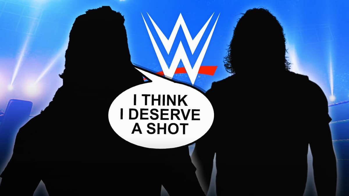 The blacked-out silhouette of Brian Pillman Jr. with a text bubble reading “I think I deserve a shot” next to the blacked-out silhouette of Brian Pillman with the WWE logo as the background.