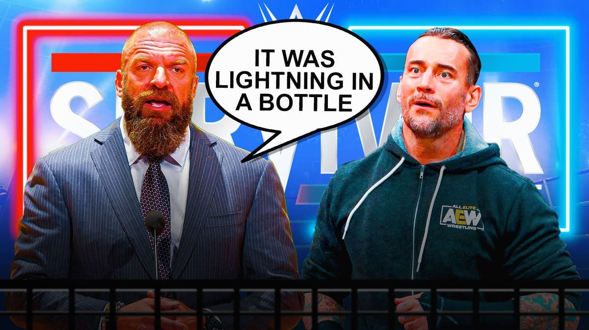 Paul “Triple H” Levesque with a text bubble reading “It was lightning in a bottle” next to CM Punk with the 2023 Survivor Series logo as the background.