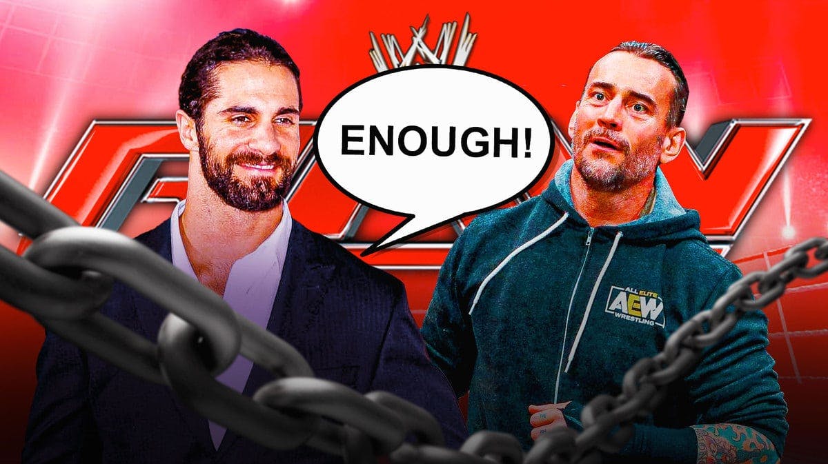 Seth Rollins with a text bubble reading “Enough!” next to CM Punk with the RAW logo as the background.