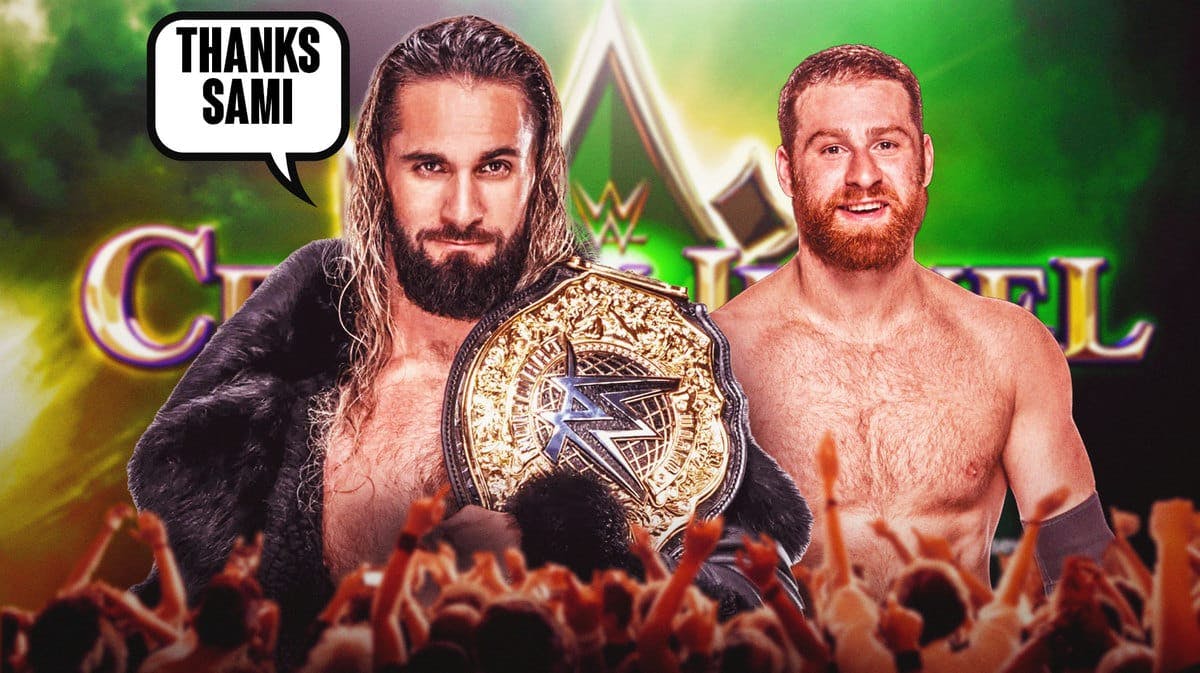 Seth Rollins holding his WWE World Heavyweight Championship with a text bubble reading “Thanks Sami” next to Sami Zayn in front of the WWE Crown Jewel logo.