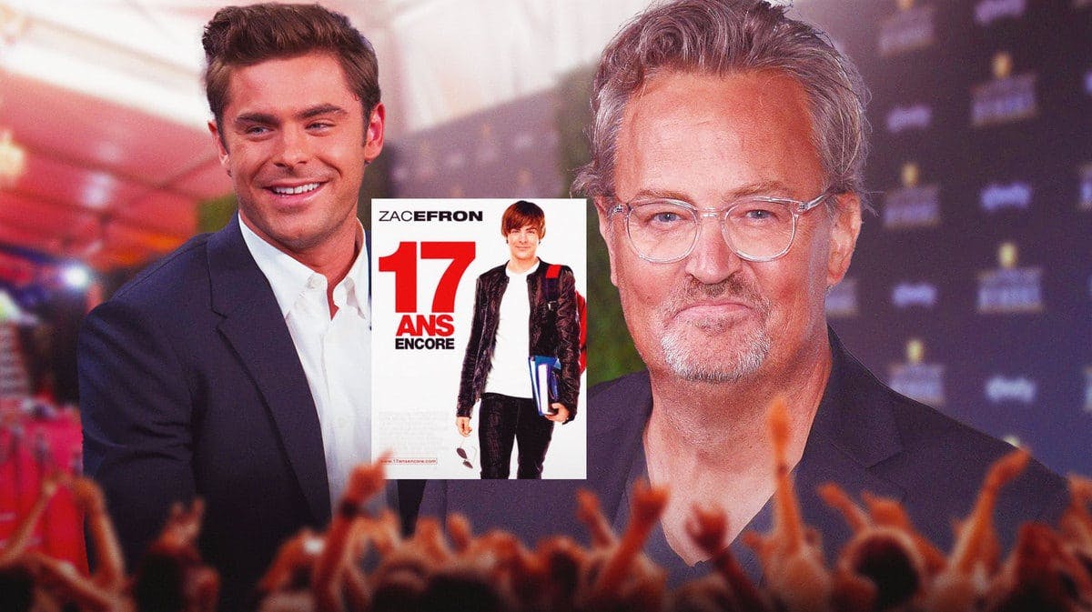 Zac Efron and Matthew Perry on red carpet with 17 Again poster in the middle.