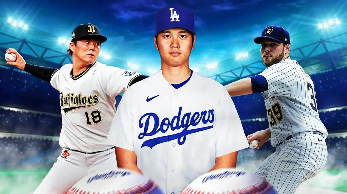 Shohei Ohtani in a Dodgers uniform in front. Need Yoshinobu Yamamoto, Corbin Burnes pitching baseballs in background.