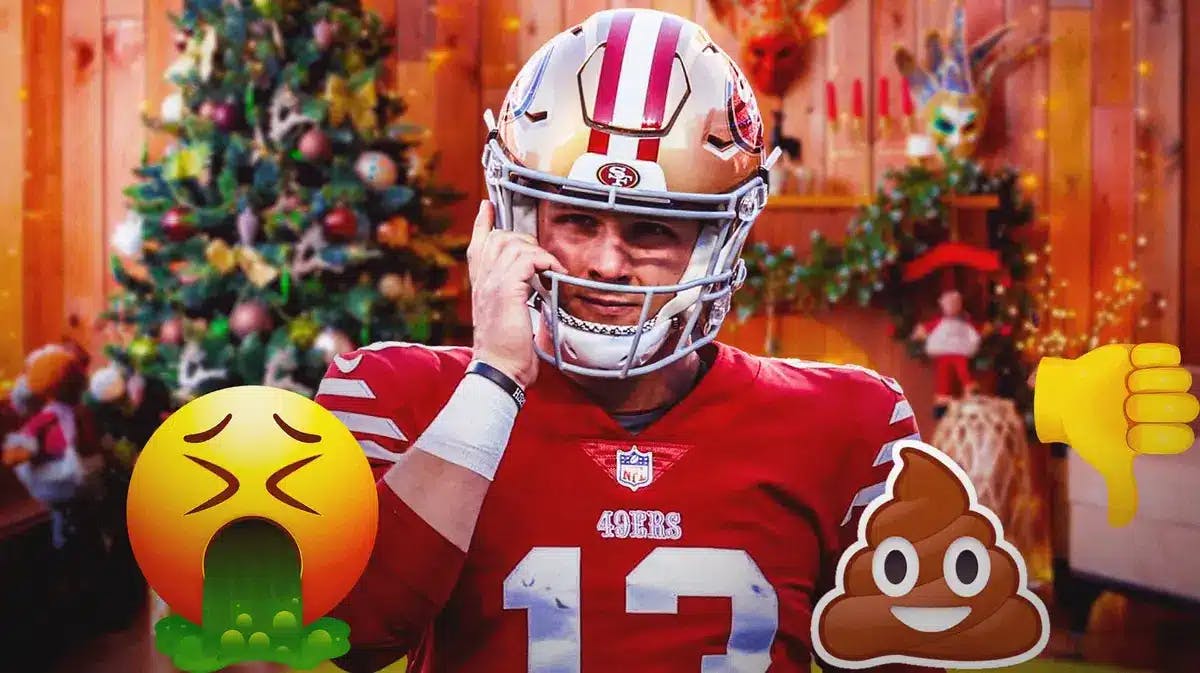 49ers' Brock Purdy with Christmas decorations in the background, with vomit emoji, thumbs down emoji, and poop emoji beside Purdy