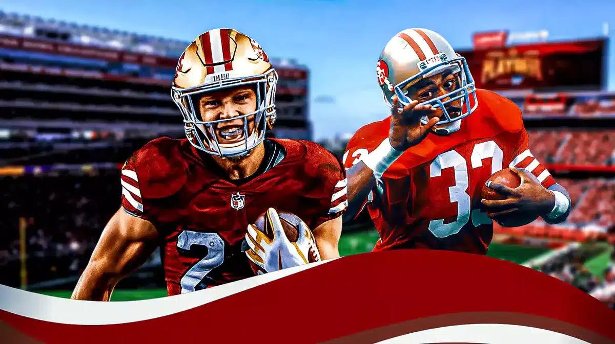49ers' Christian McCaffrey hyped up, with 49ers' Roger Craig (1985 version) carrying the football
