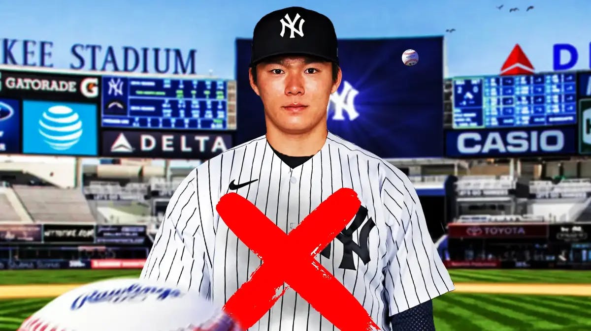 Yoshinobu Yamamoto in Yankees jersey, with X in front of him