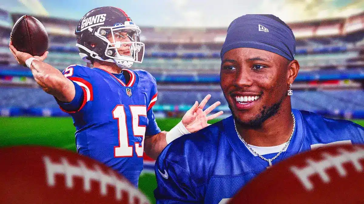 Giants' Saquon Barkley smiling with Giants' Tommy DeVito throwing a football.