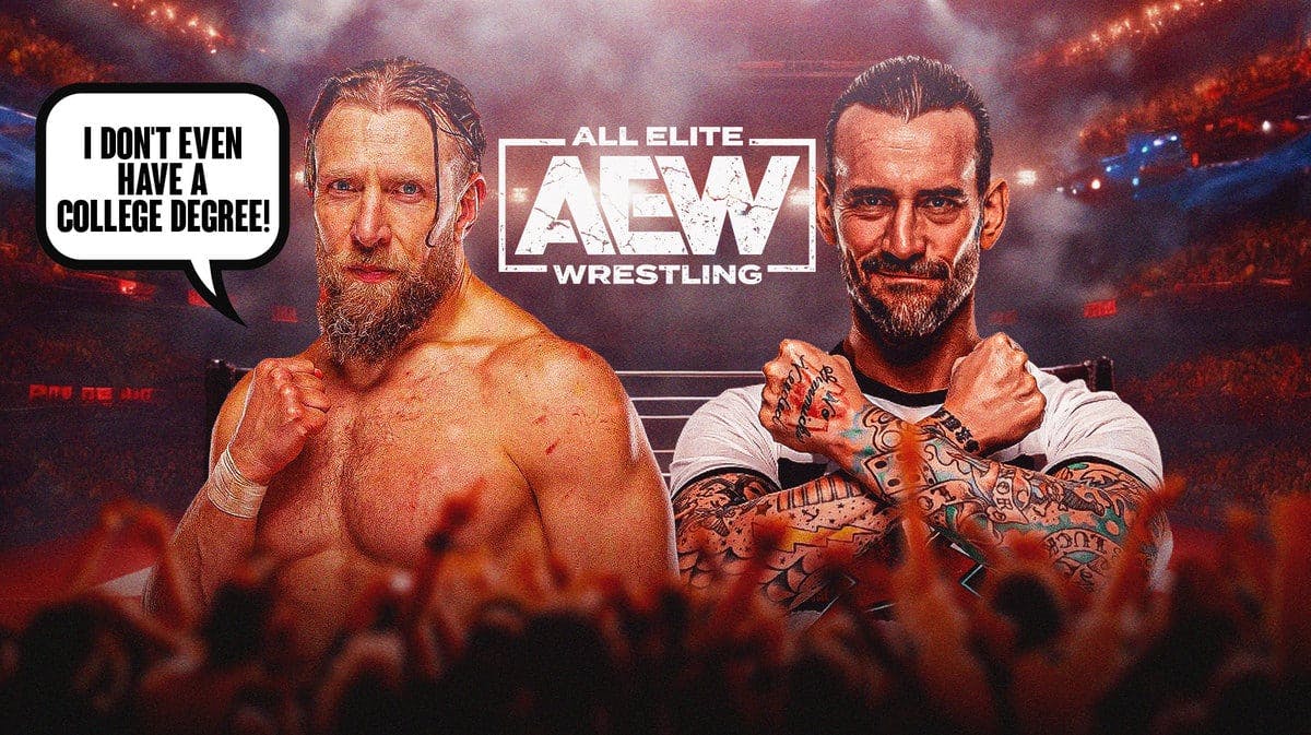 Bryan Danielson with a text bubble reading “I don't even have a college degree!” next to CM Punk with the ARE All In logo as the background.