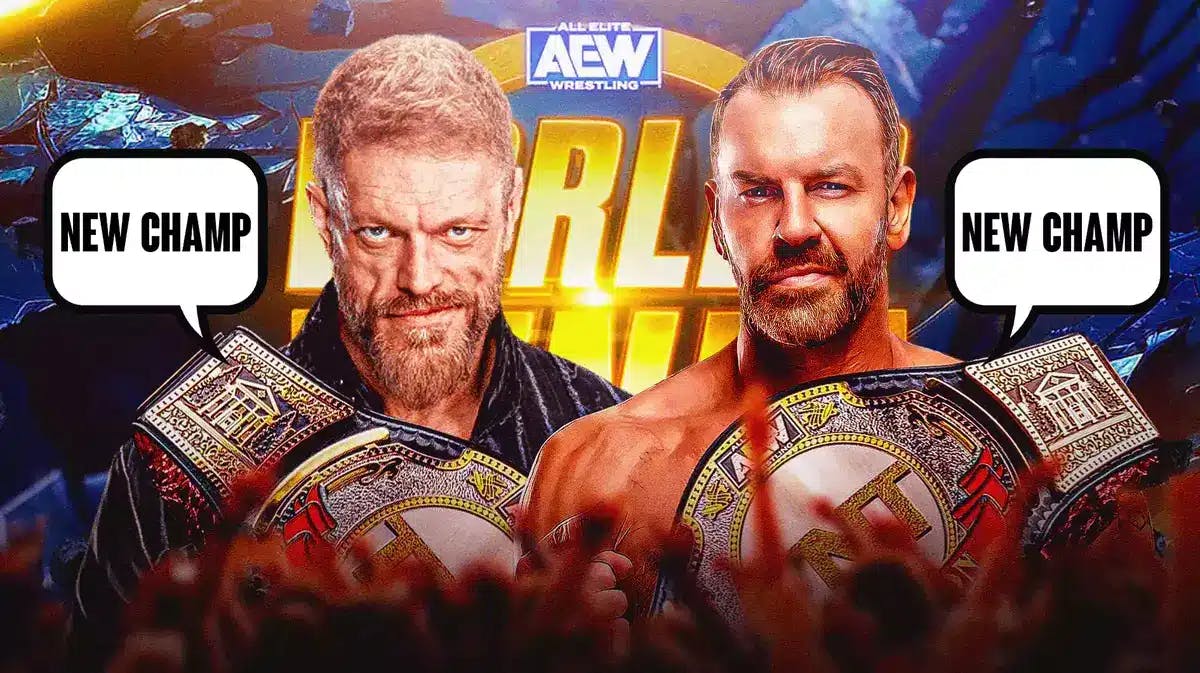 Adam Copeland holding the TNT Championship with a text bubble reading “New Champ” next to Christian Cage holding the TNT Championship with a text bubble reading “New Champ” with the AEW Worlds End logo as the background.