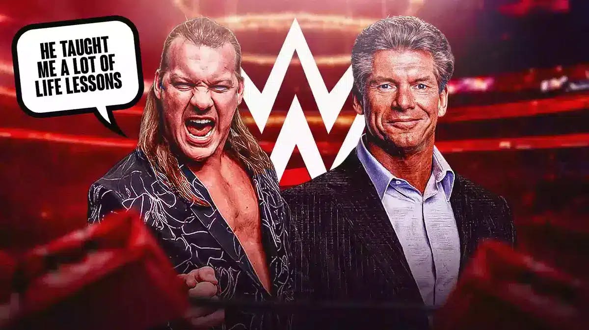 Chris Jericho with a text bubble reading “He taught me a lot of life lessons” next to Vince McMahon with the WWE logo as the background.
