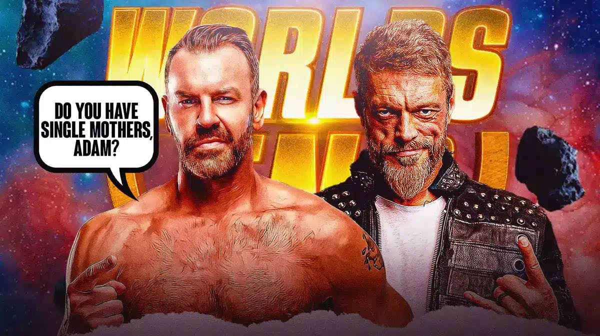 Christian Cage with a text bubble reading “Do you have single mothers, Adam?” next to Adam Copeland with the AEW Worlds End logo as the background.