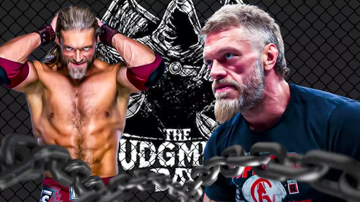 AEW’s Adam Copeland wearing his wrestling gear next to Judgment Day’s Edge with the Judgment Day logo as the background.