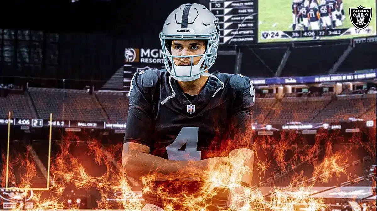 Raiders QB Aidan O'Connell surrounded by fire