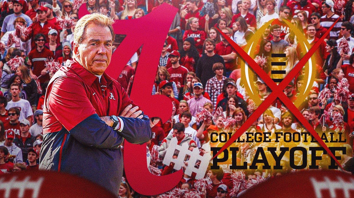 Photo: Nick Saban with Alabama logo and Crimson Tide fans behind him, also the College Football Playoff logo with an “X” on it