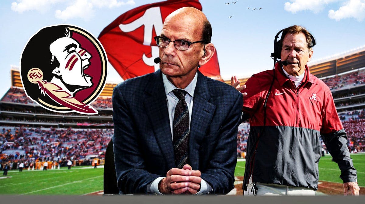 College football analyst Paul Finebaum next to head coach Nick Saban and the logos of the Alabama football team and Florida State.