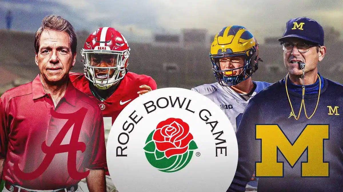Jalen Milroe, Nick Saban, Alabama logo vs. J.J. McCarthy, Jim Harbaugh, Michigan logo. Rose Bowl logo in front.