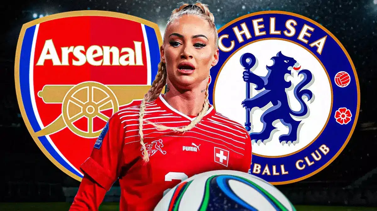 Alisha Lehmann looking shocked in front of the Arsenal and Chelsea logos