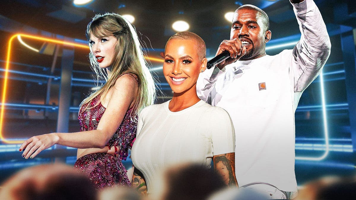 Amber Rose in the middle, Taylor Swift and Kanye West on stage