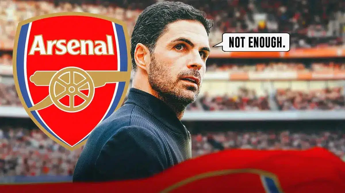 Mikel Arteta saying: ‘not enough’ in front of the Arsenal logo