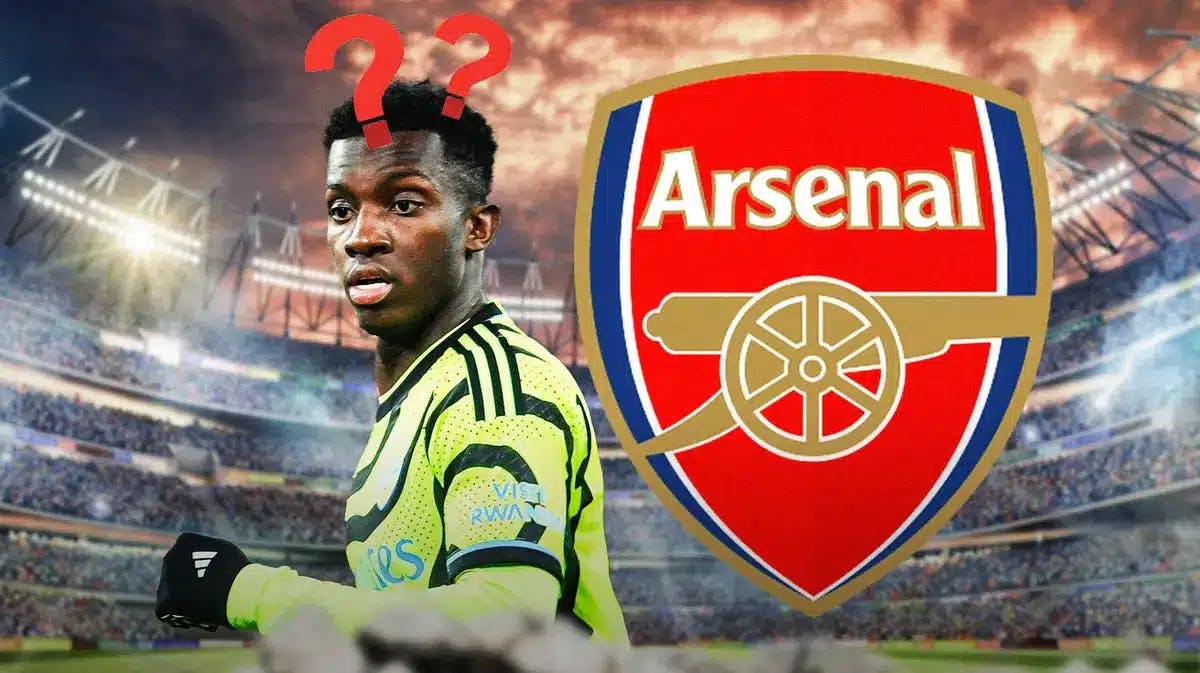Eddie Nketiah in front of the Arsenal logo, questionmarks in the air
