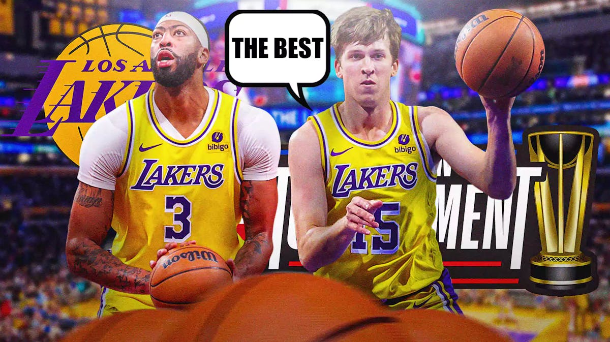 Austin Reaves saying: 'The best,' include Anthony Davis alongside him with the Lakers logo and the NBA In-Season Tournament logo in the background