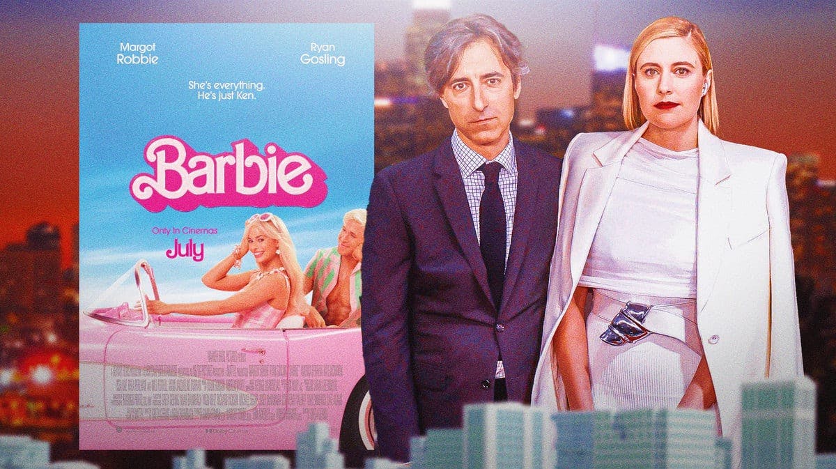 Barbie movie poster next to Noah Baumbach and Greta Gerwig.
