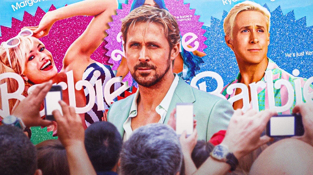 Ryan Gosling with Barbie and Ken posters behind him.