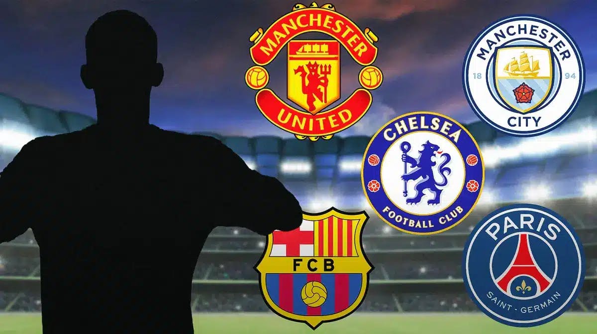 The silhouette of Estevao Willian in front of the Barcelona, Manchester City, Manchester United, Chelsea, PSG logos