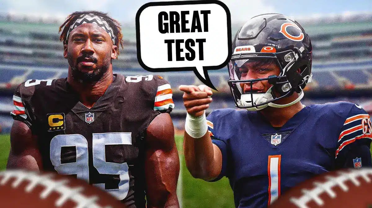 Chicago Bears QB Justin Fields and speech bubble “Great Test” and image of Cleveland Browns DE Myles Garrett