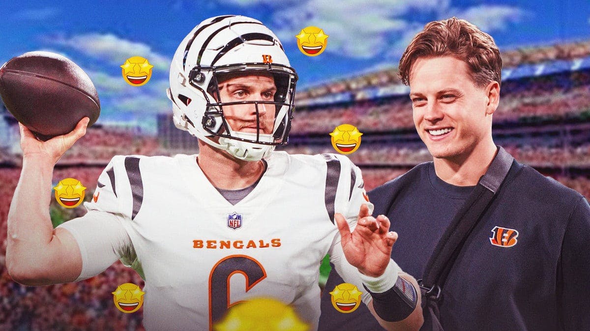 Bengals' Jake Browning throwing the football, with starry-eye emojis around him, with Joe Burrow smiling on the side