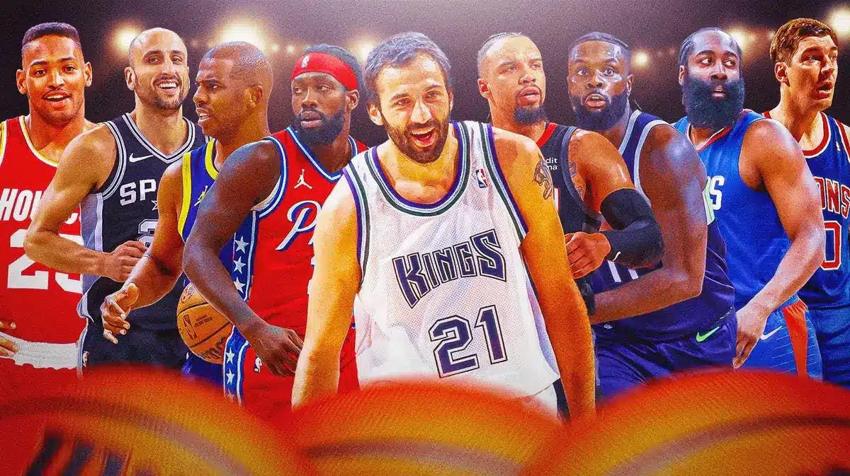 Collage of pics of the following NBA players (in uniforms): Vlade Divac, Dillon Brooks, Lance Stephenson, Chris Paul, Manu Ginobli, James Harden, Robert Horry, Patrick Beverley, Bill Laimbeer