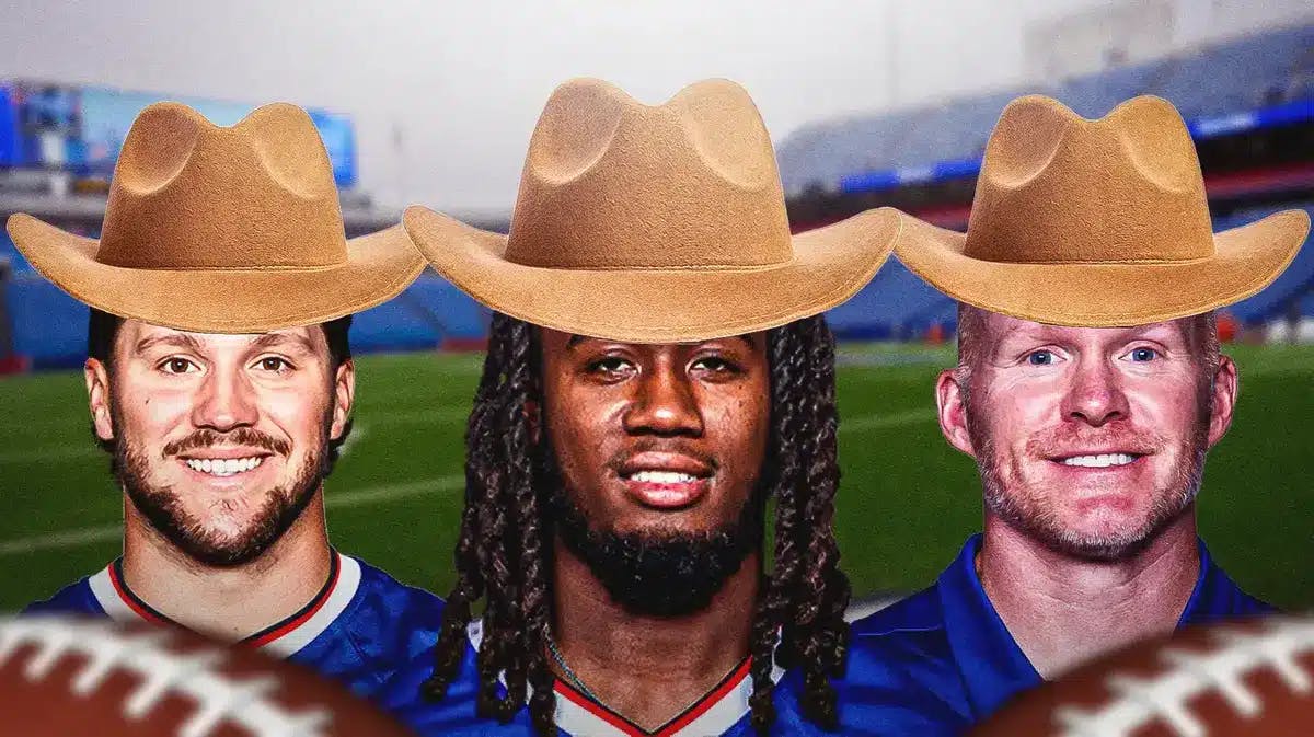 Buffalo Bills Josh Allen, James Cook and Sean McDermott all wearing cowboy hats