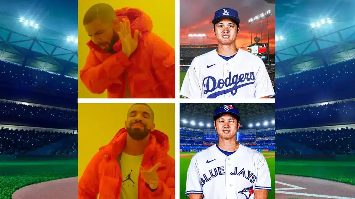 Drake hotline bling meme with Shohei Ohtani in Dodgers and Blue Jays jerseys