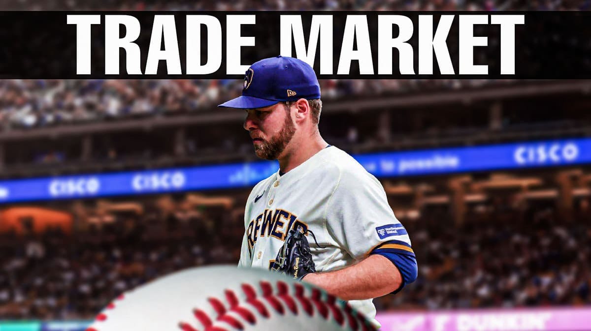 Yankees potential target Corbin Burnes with trade market words in the background