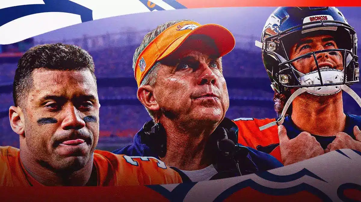 Denver Broncos coach Sean Payton in middle of image, with Broncos' Russell Wilson on left side of image in background and Broncos' Jarrett Stidham on right side in background.