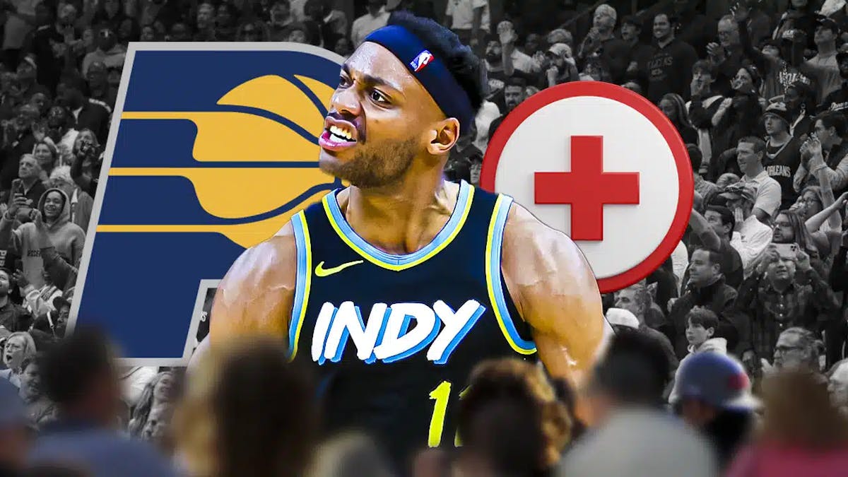 Bruce Brown with the Pacers logo in the background, also in include an injury/medial red cross