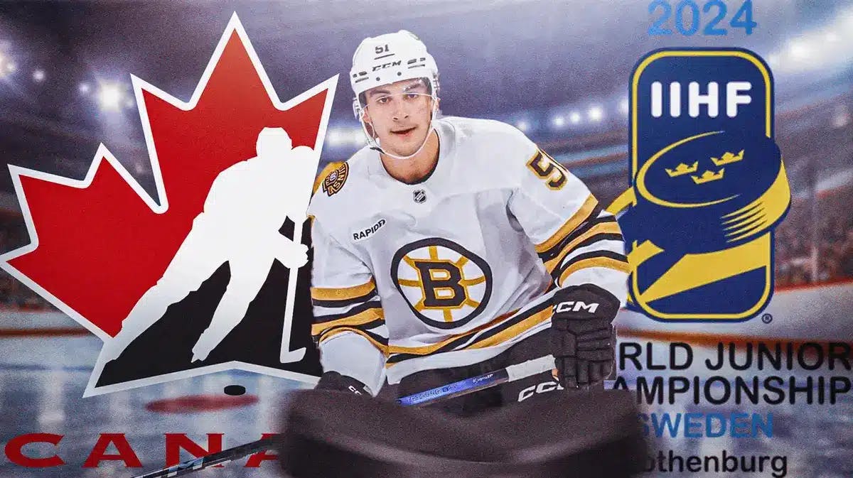 Matthew Poitras in middle of image looking happy, Team Canada logo on one side and IIHF World Junior logo, hockey rink in background