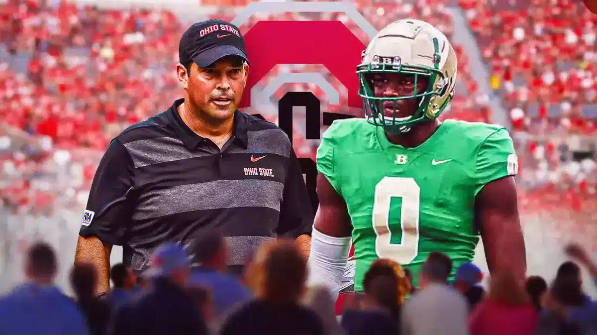 Photo: Eddrick Houston with Ohio State logo in the background and Ryan Day in OSU gear