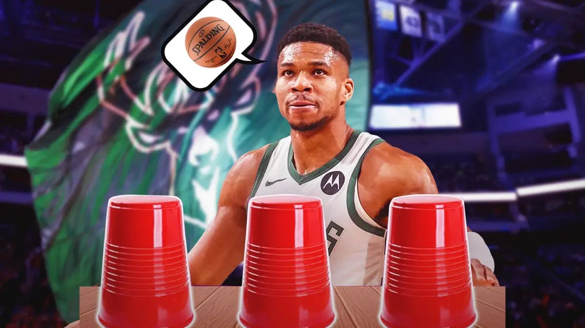 Bucks' Giannis Antetokounmpo with a thought bubble containing an image of the game ball while playing the cup guessing game