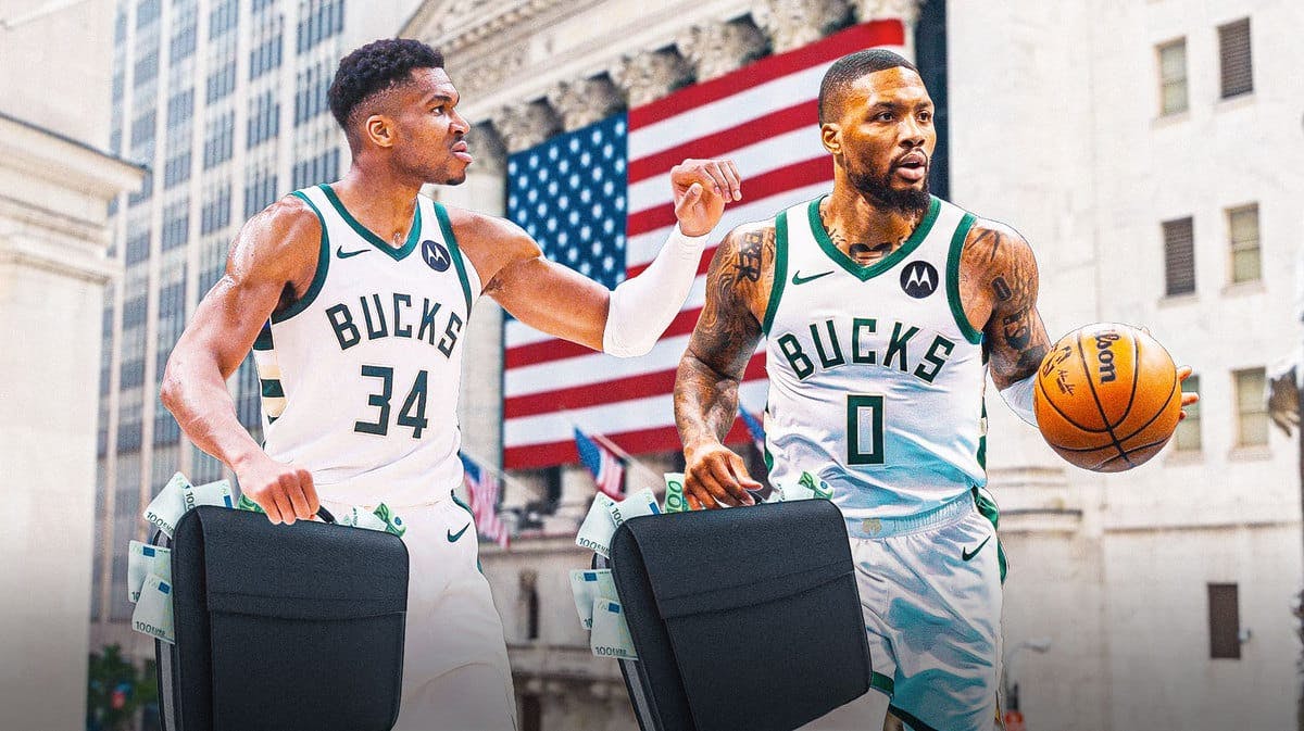 Bucks' Giannis Antetokounmpo and Damian Lillard holding briefcases full of cash, with the New York Stock Exchange in the background