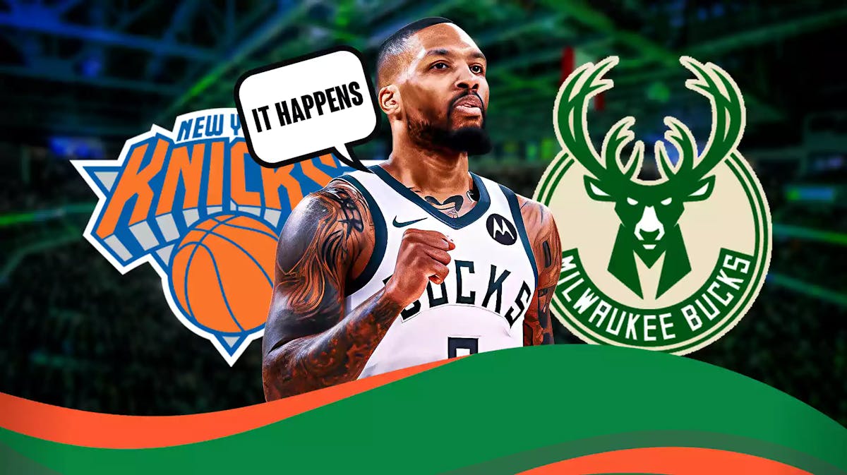 Damian Lillard saying, 'it happens,' also include the Bucks and Knicks logos in the background