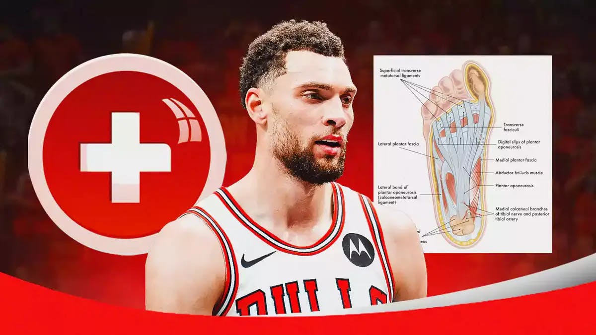 Bulls' Zach LaVine looking sad, with red medical cross around him, with a medical diagram of a foot beside LaVine