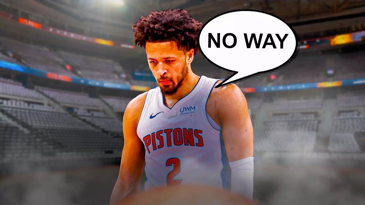 Cade Cunningham saying, 'No way,' with the Pistons arena in the background, losing streak