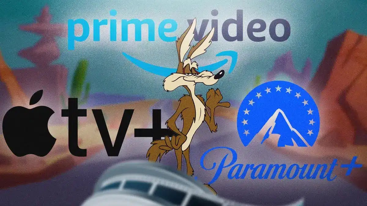 Coyote from Coyote vs. Acme with Prime Video, Apple TV+, and Paramount+ logos.
